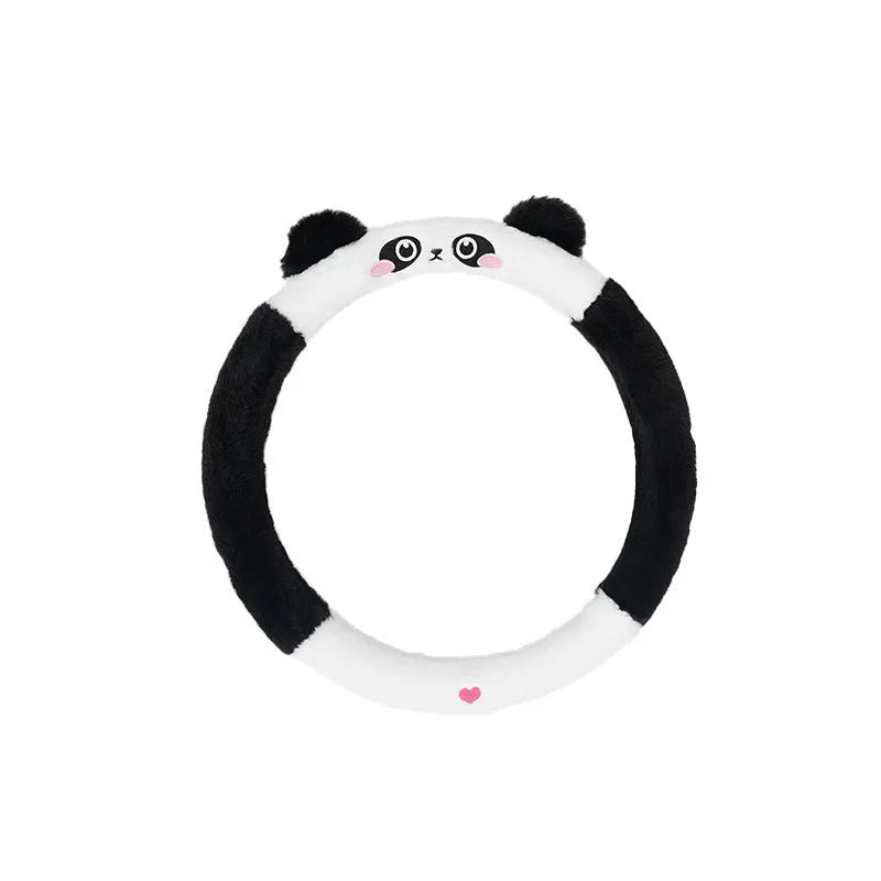 Winter plush steering wheel cover with cartoon animal embroidery, 38cm diameter