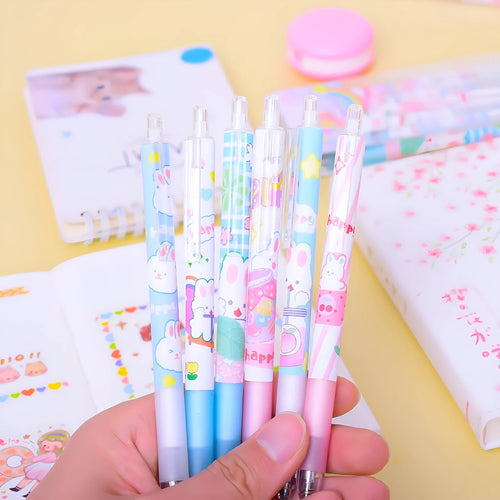 Six cartoon bunny design ballpoint pens with 0.5mm tips and neutral black ink