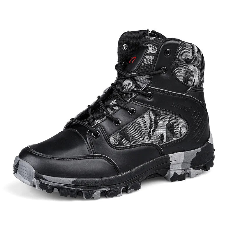 Men's black high-top hiking shoes with artificial PU upper and metal details on a natural background.