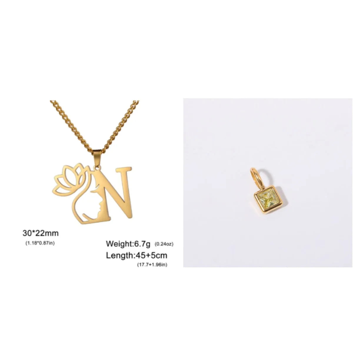Stainless steel necklace with cross chain and a single letter pendant in gold or silver finish.