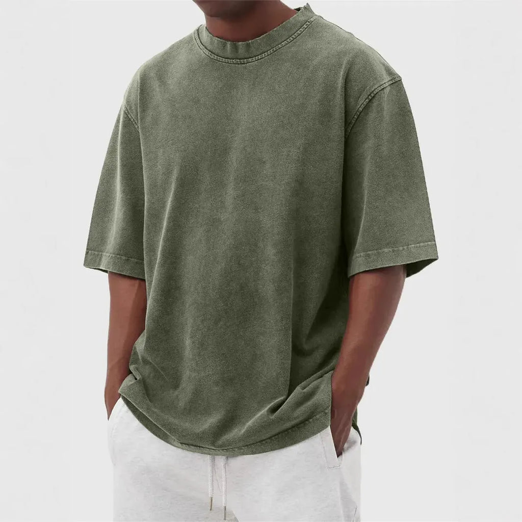 Men's stone washed distressed pullover t-shirt in loose fit with half sleeves available in eight colours