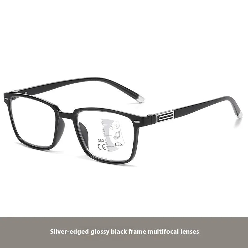 Multifocal reading glasses with colour changing, anti-blue light PC lenses in a black and silver frame style.