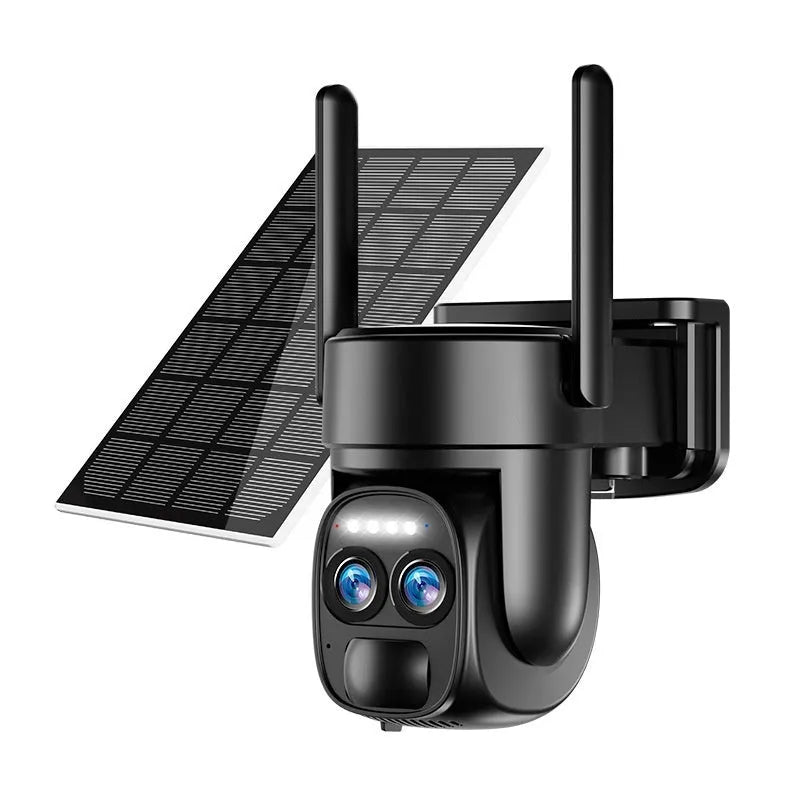 Solar-powered outdoor surveillance camera with 8x zoom lens on a mounting bracket.