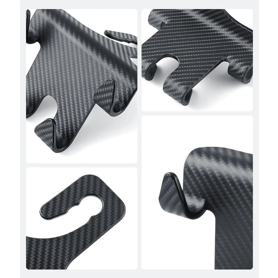 Black ABS plastic car hook and phone holder bracket mounted behind a car seat headrest.