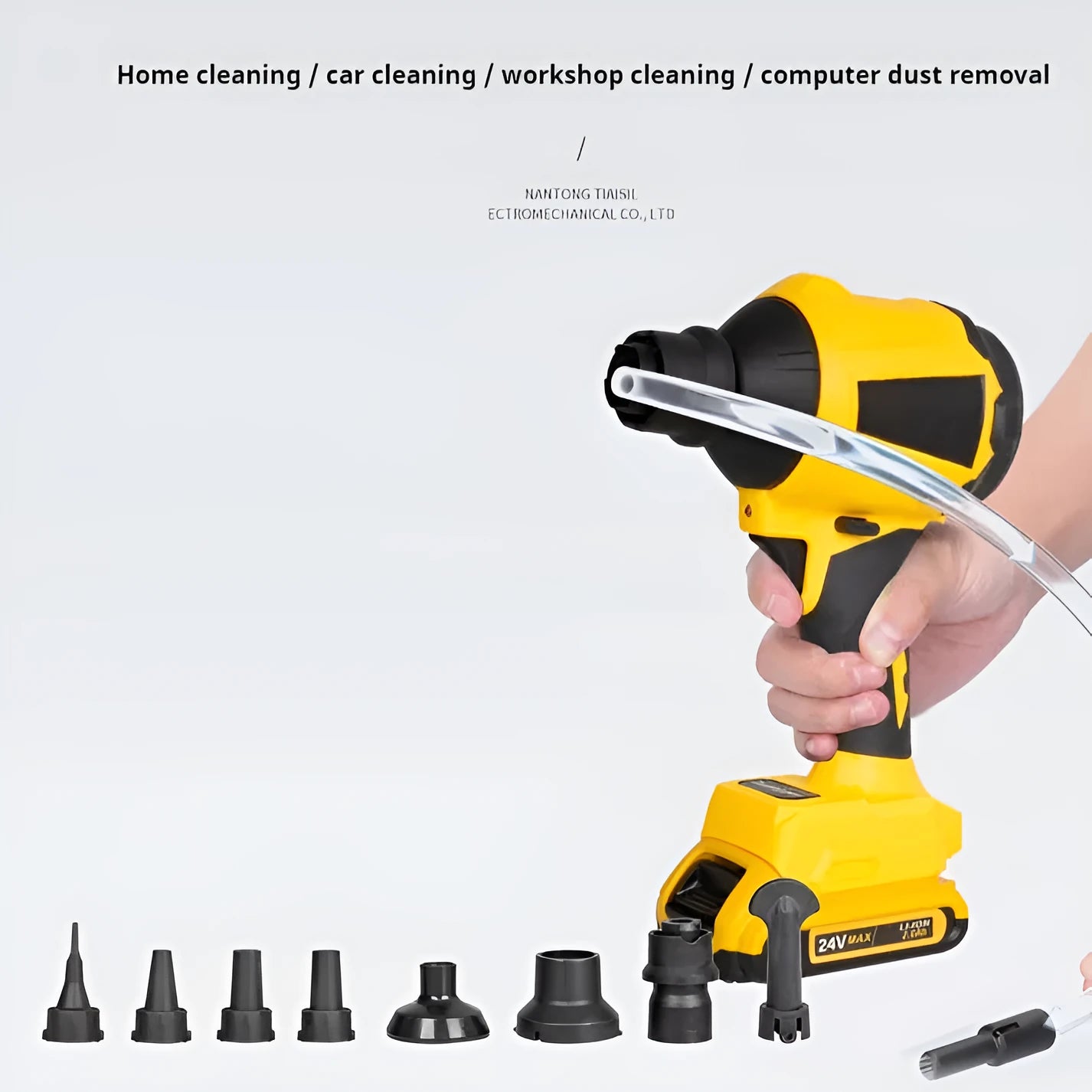 Yellow rechargeable lithium battery dust gun with adjustable power settings on a workbench.
