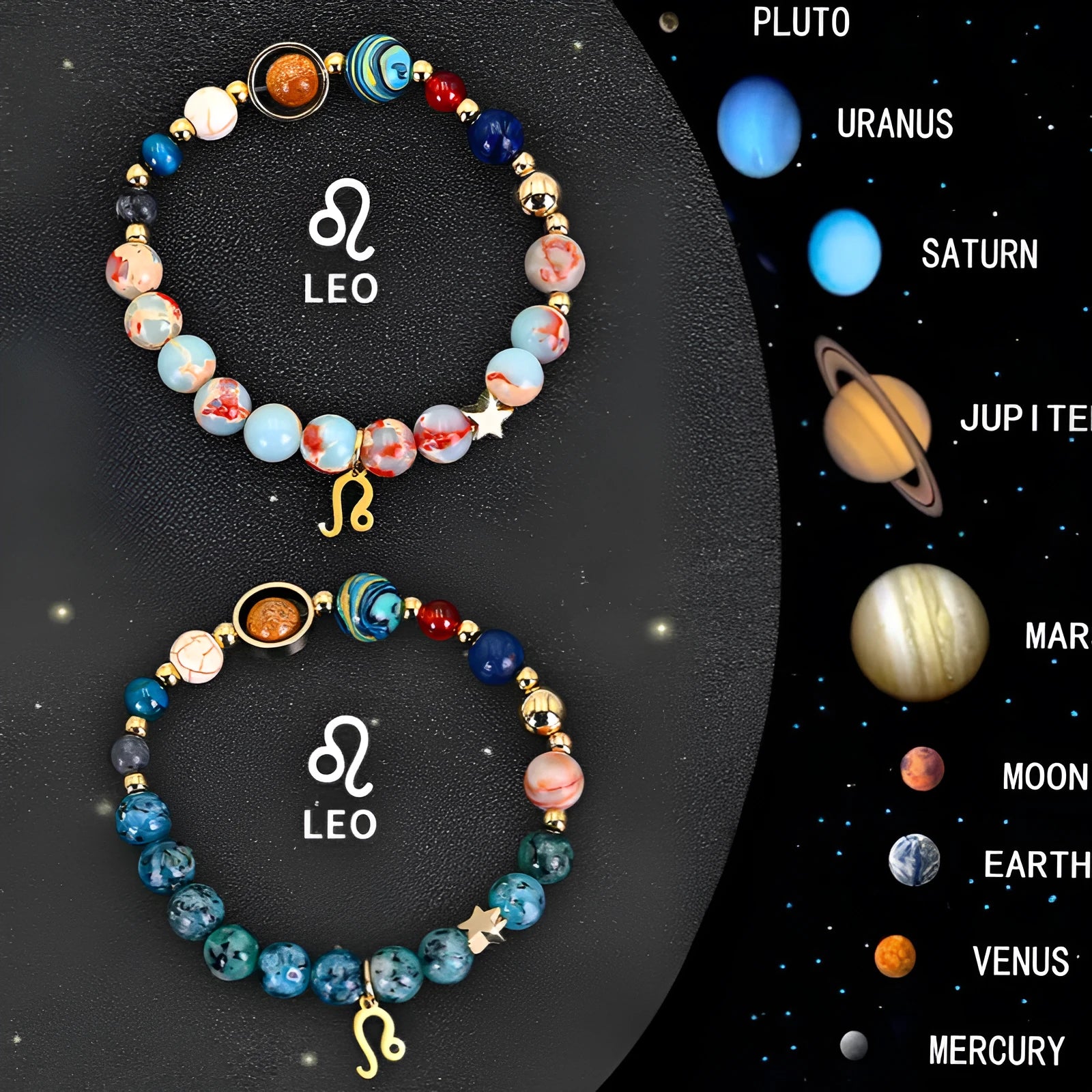 Set of two natural stone beaded bracelets for zodiac signs on a dark background.