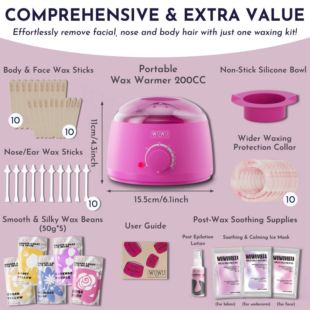 Professional waxing kit with wax warmer, five types of hard wax beans, application sticks, and post-epilation products.