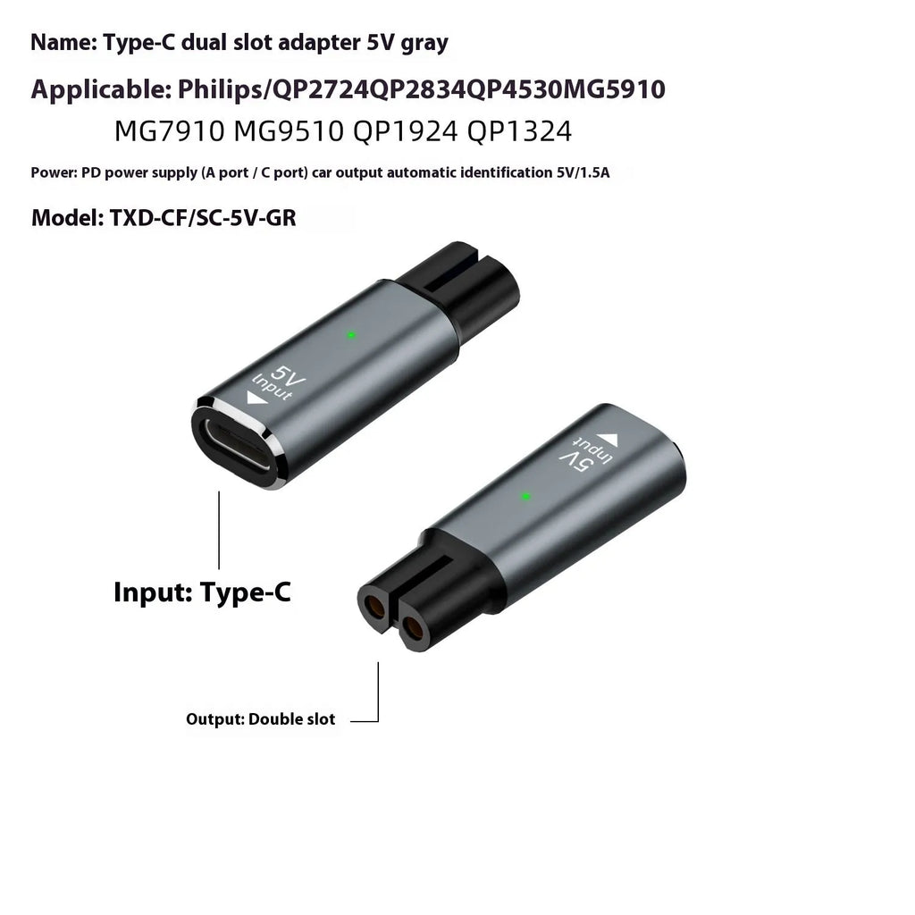 Black and gray aluminium alloy USB C charging adapter for 4.3V electric shavers and hair clippers.
