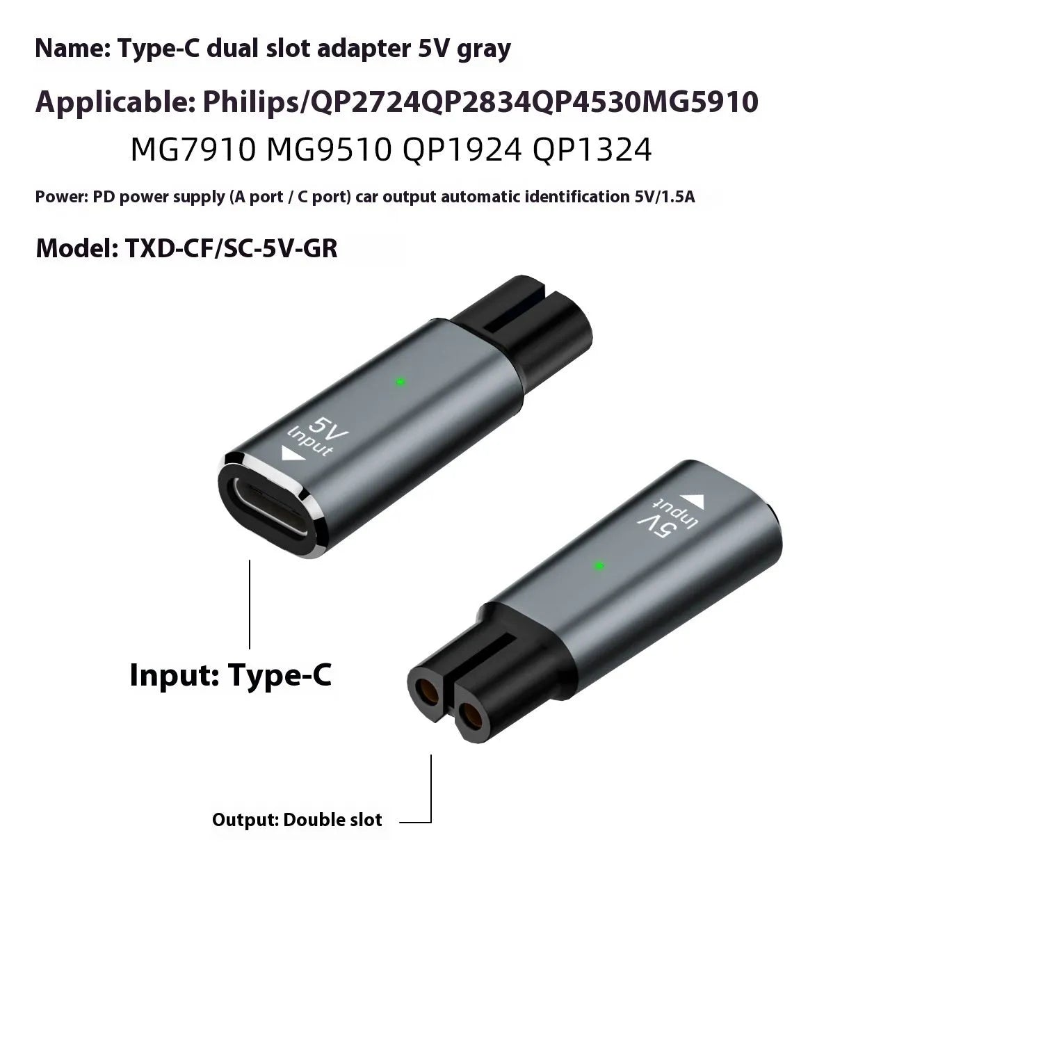 Black and gray aluminium alloy USB C charging adapter for 4.3V electric shavers and hair clippers.