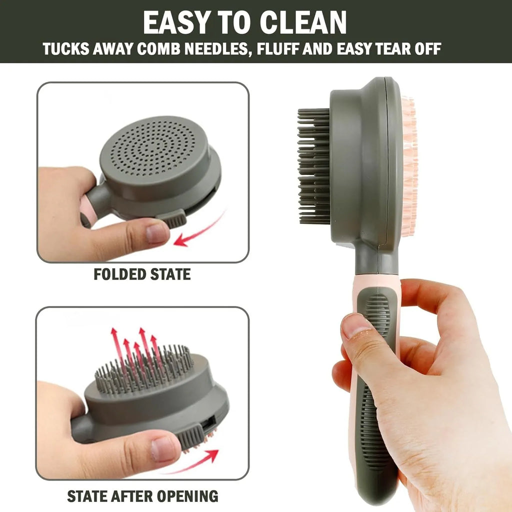 Double-sided cat brush with smooth brush and flea comb on reverse sides, showing release button mechanism
