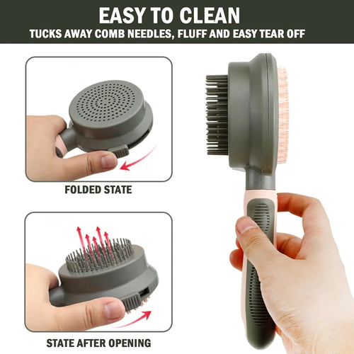 Double-sided cat brush with smooth brush and flea comb on reverse sides, showing release button mechanism