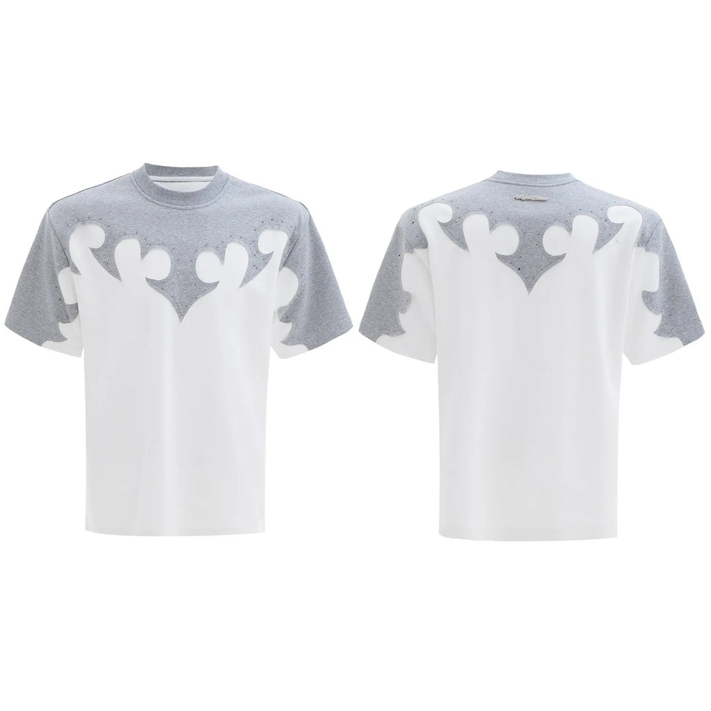 Men's grey cotton T-shirt with burnt flower stitching and rhinestone decoration showing loose fit drop shoulder design