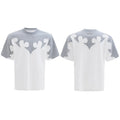 Men's grey cotton T-shirt with burnt flower stitching and rhinestone decoration showing loose fit drop shoulder design
