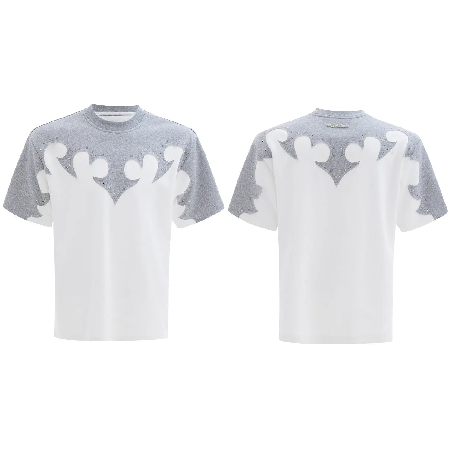Men's grey cotton T-shirt with burnt flower stitching and rhinestone decoration showing loose fit drop shoulder design