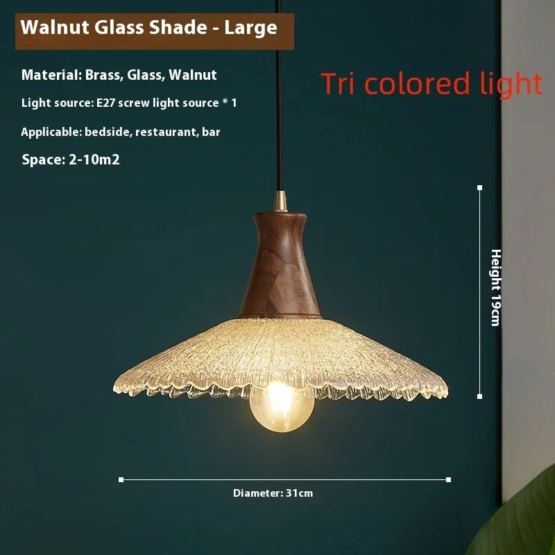Retro wood and glass chandelier with brass finish in three size options