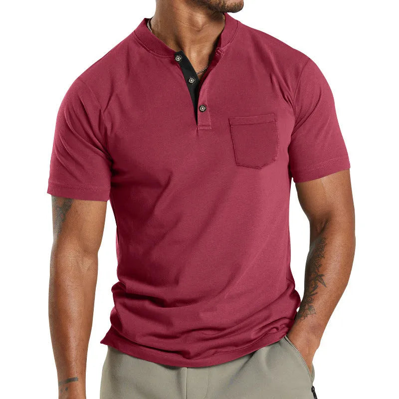 A man wearing a solid-colour plus size short sleeve button-up shirt with a chest pocket.