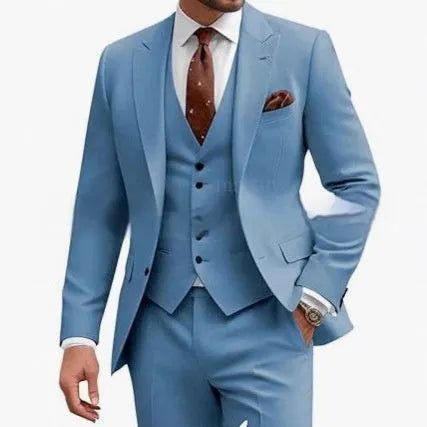 Men's slim-fit three-piece suit in chemical fibre blend fabric available in multiple colours