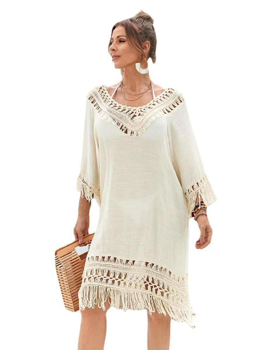 Women's hand-crocheted apricot beach dress with acrylic fabric and polyester lining