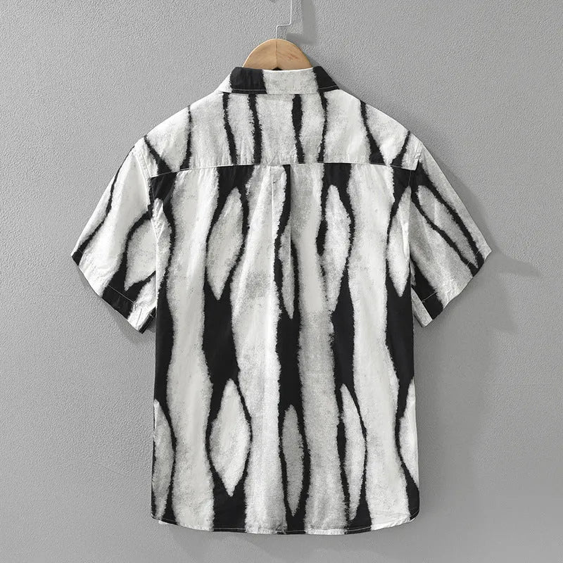 Retro striped short sleeve cotton cardigan shirt in black and brown colours
