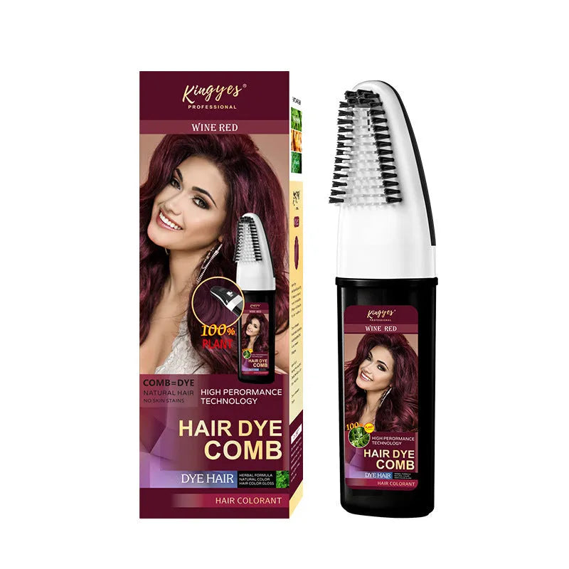 Hair dye bottle with application comb in wine red, dark brown and brown colour options