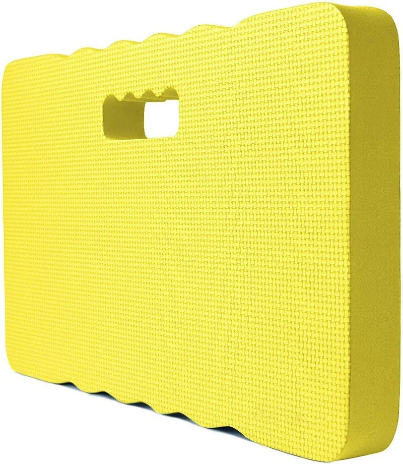 Blue EVA foam garden kneeler pad with handle on grass, dimensions 45cm by 28cm.