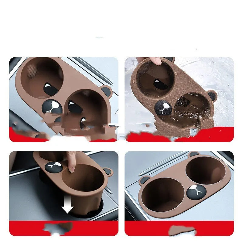 Grey silicone car cup holder insert with cartoon print for anti-shake bottle stabilisation