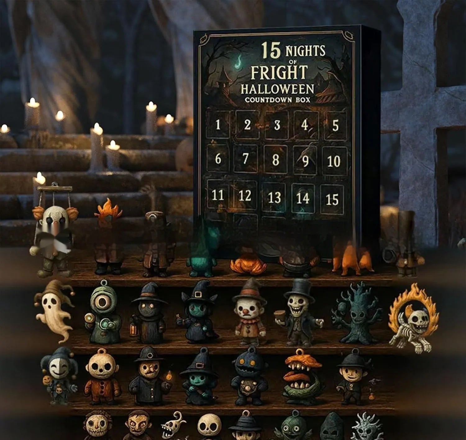 Halloween countdown advent calendar box with numbered doors containing horror-themed resin miniatures