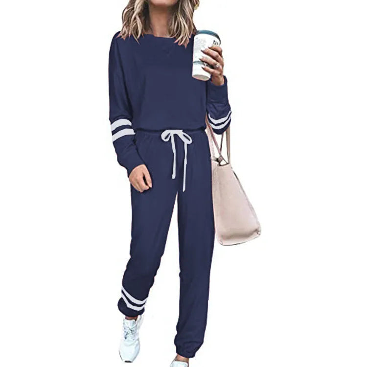 Women's loose fit solid color two-piece casual suit in apricot, black, and blue sizes S to 3XL