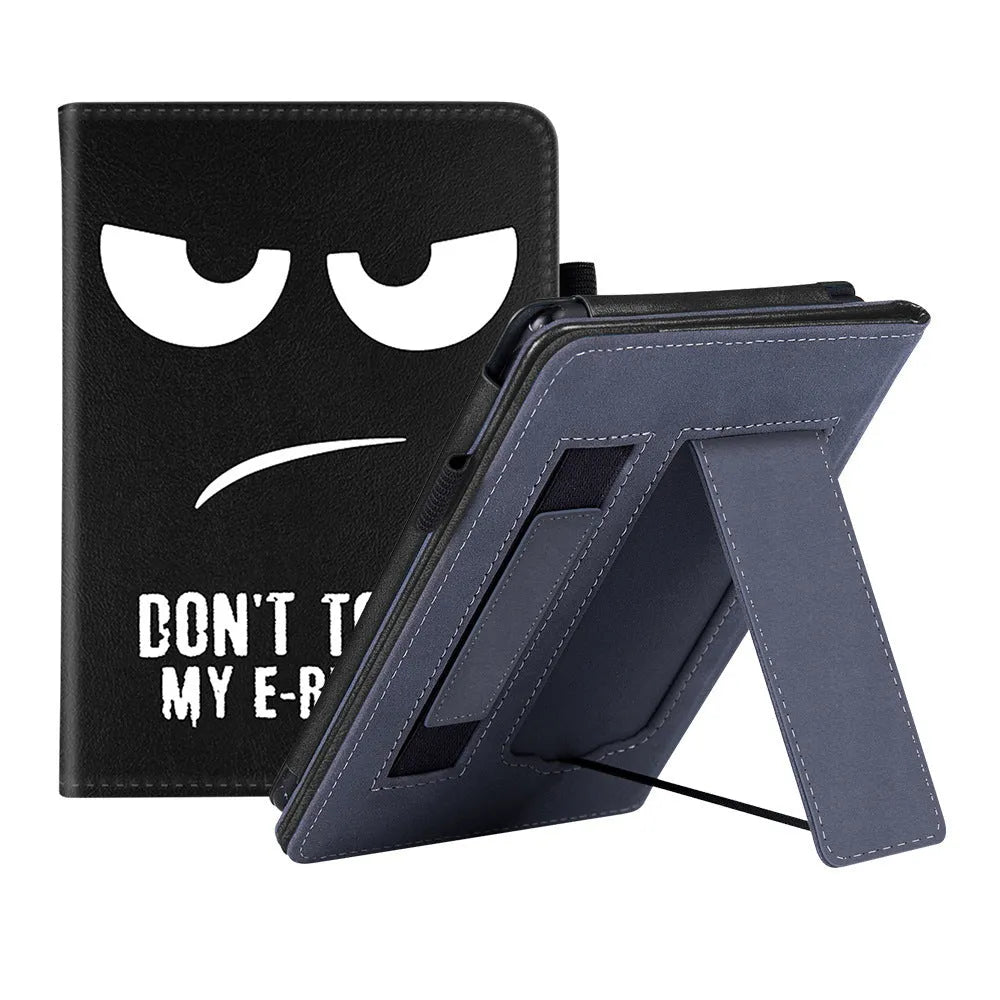 Kindle Paperwhite 5 leather case showing hand strap bracket and magnetic closure in a choice of colours and designs.