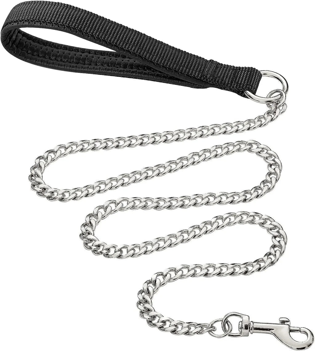 Heavy duty metal dog leash chain with soft padded handle in black, blue or red colours