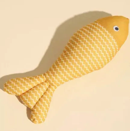 Soft red, blue, and yellow plush fish cat toys filled with catnip in large and medium sizes.