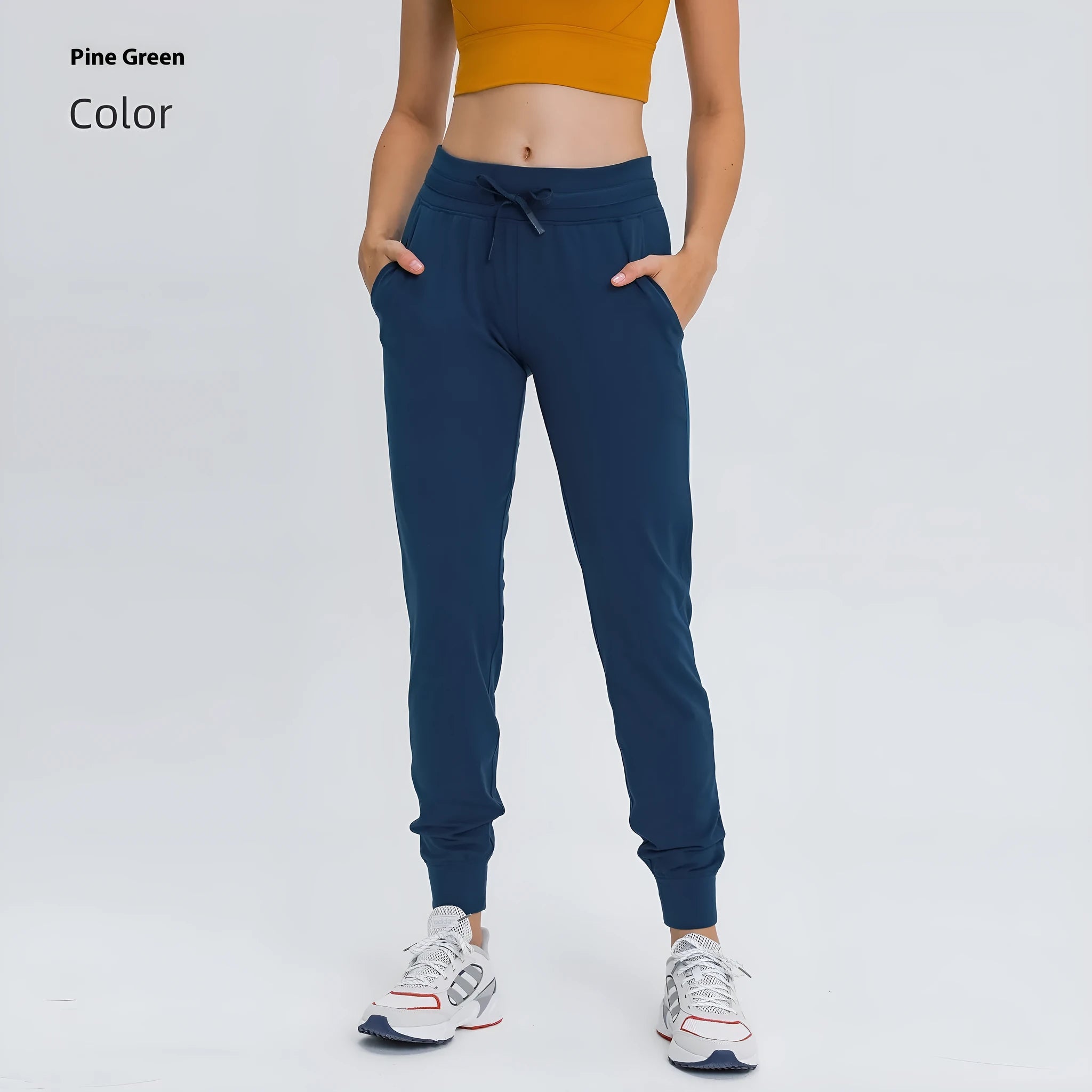 Women's high waist yoga pants with drawstring waistband in Belgian Blue colour