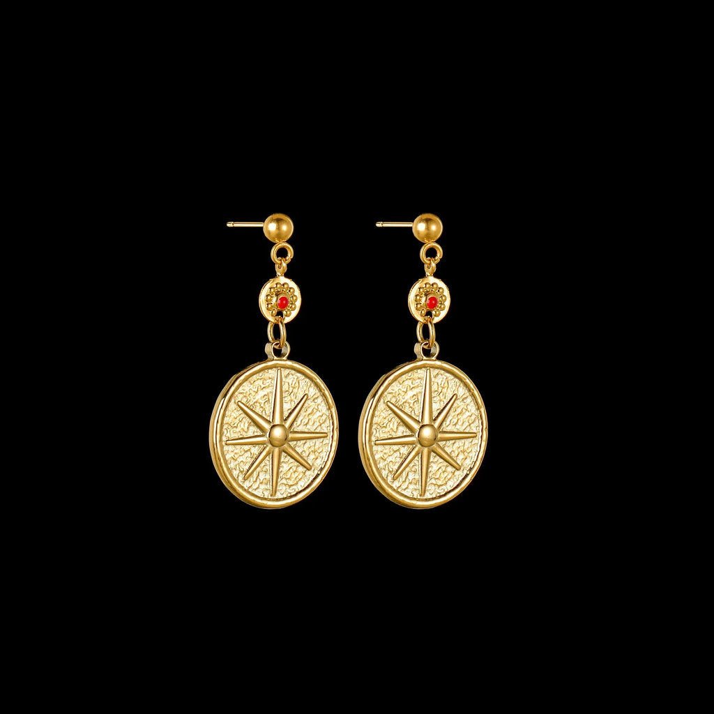 Stainless steel geometric drop earrings showing eight-awn star, eye, and shell sun designs in silver tone