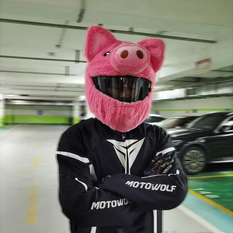Pinkpig cartoon design plush helmet protective hood covering a motorcycle helmet