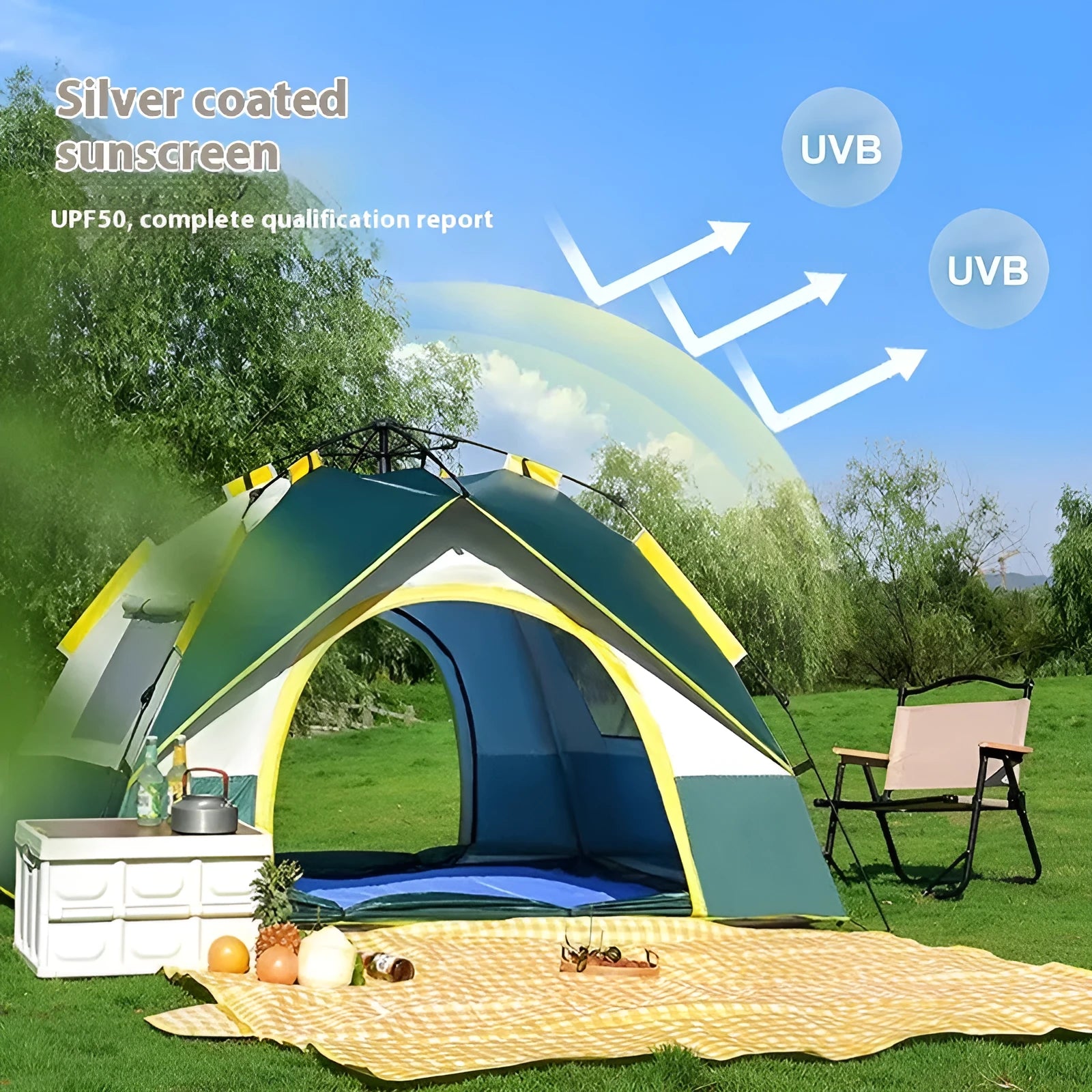 Dark green automatic quick-open camping tent for 3-4 people with year-round suitability