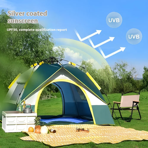 Dark green automatic quick-open camping tent for 3-4 people with year-round suitability