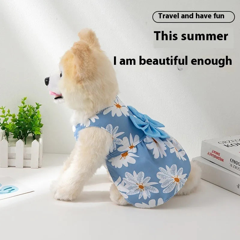 Ultra-thin polyester pet dress with floral butterfly design and adjustable bow knot for dogs and cats