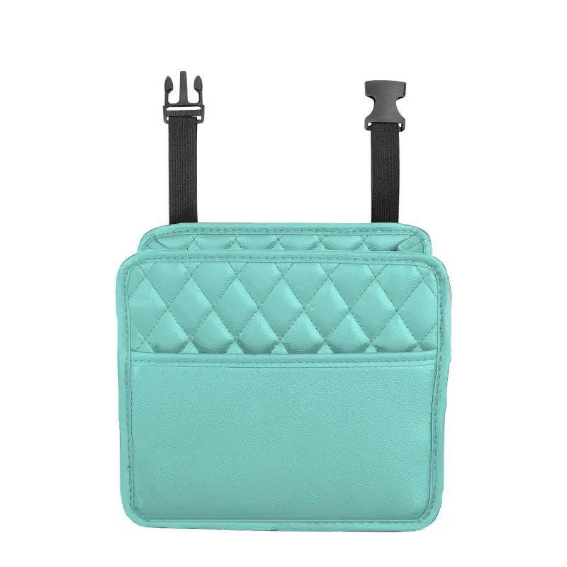 Leather car interior hanging storage bag in colour choice, showing handle and 25cm dimensions.