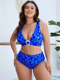 Blue floral pattern split bikini swimsuit with polyester fabric for beach and swimming