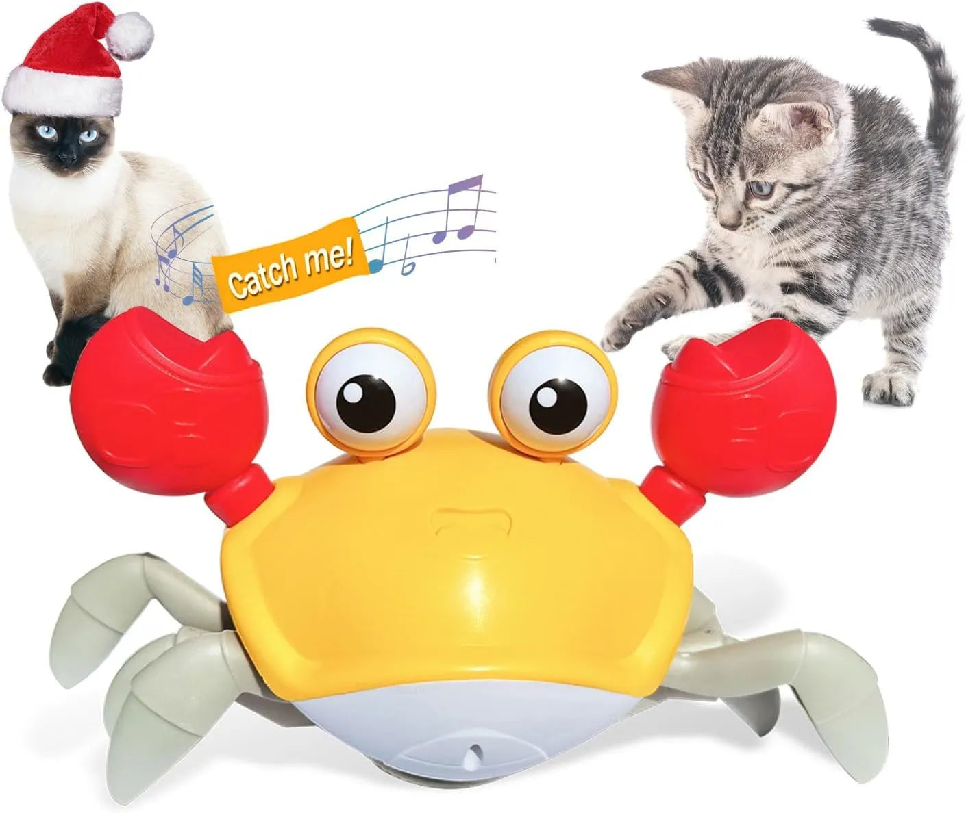 Blue or red electronic crawling crab dog toy with sensors, lights, on floor.