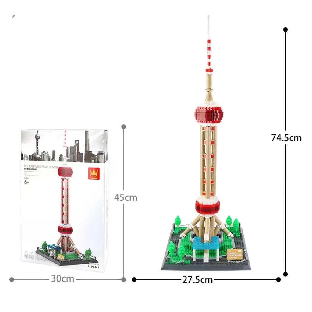 Wange plastic building block set with over 800 pieces for constructing landmark models including Big Ben and the Statue of Liberty.