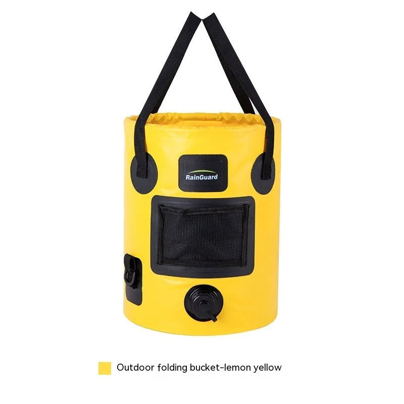 Yellow folding plastic fishing bucket shown open and collapsed, 25 litre capacity.