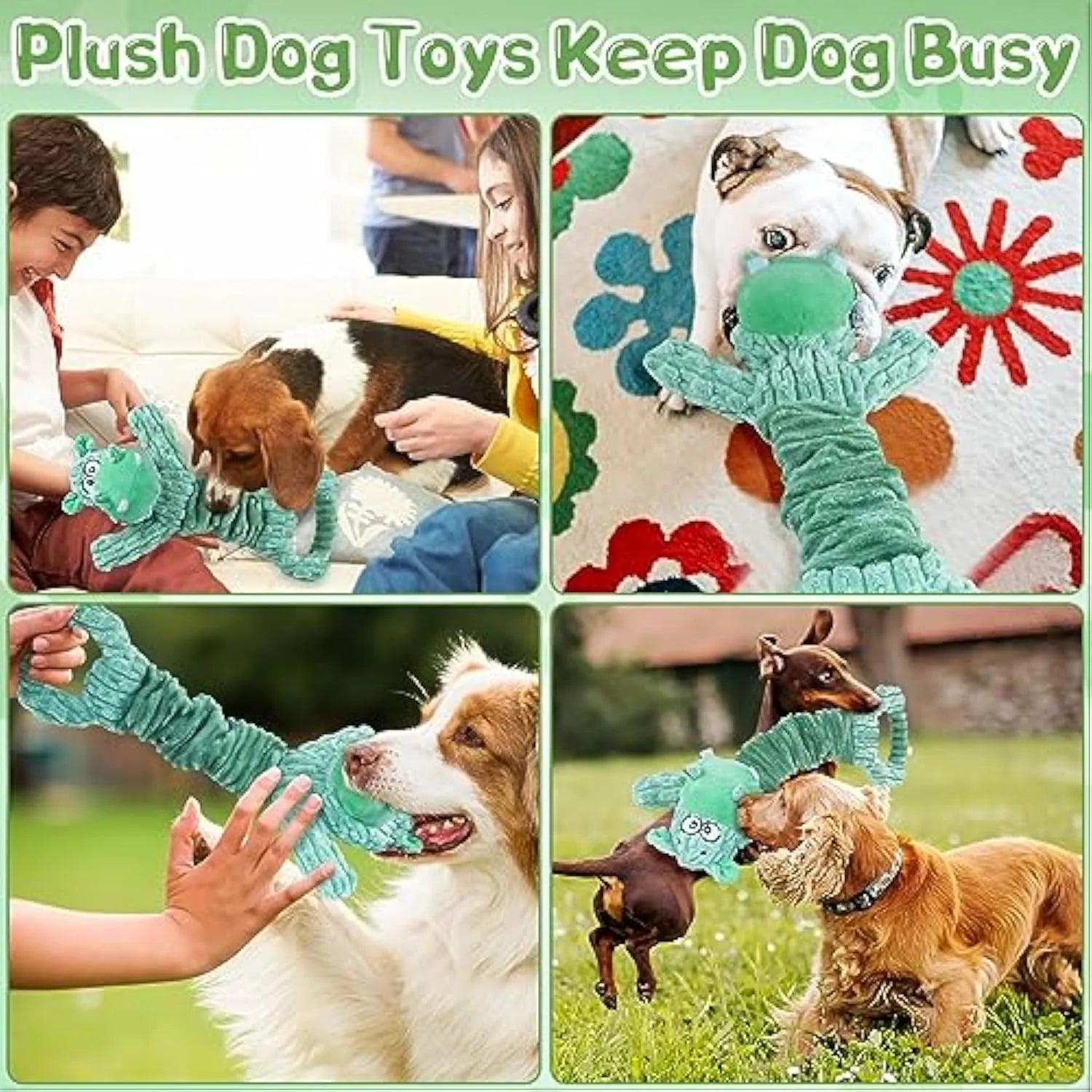 Large plush squeaky dog toy with handle, shown in Hippo and Monkey designs, for indoor tug-of-war play.