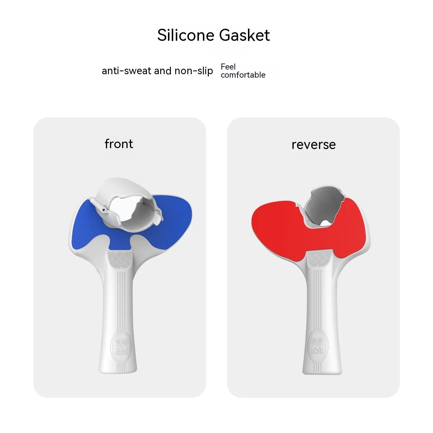 Red and blue silicone hand grips for Pico 4 VR controllers in table tennis configuration