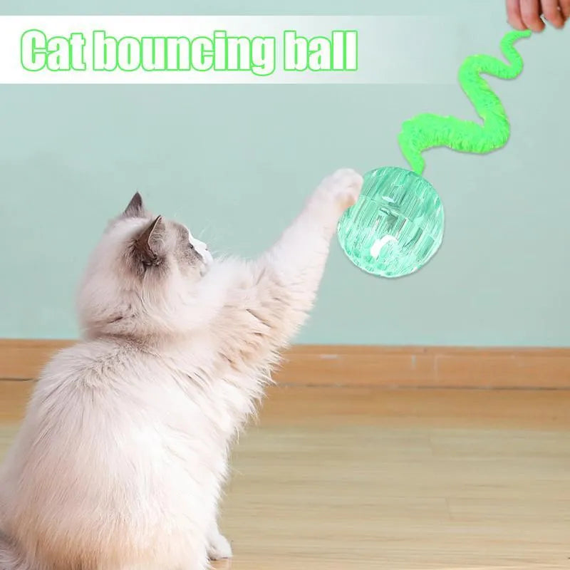 Interactive cat ball toy with worm-like plush tail in green, pink or purple colours