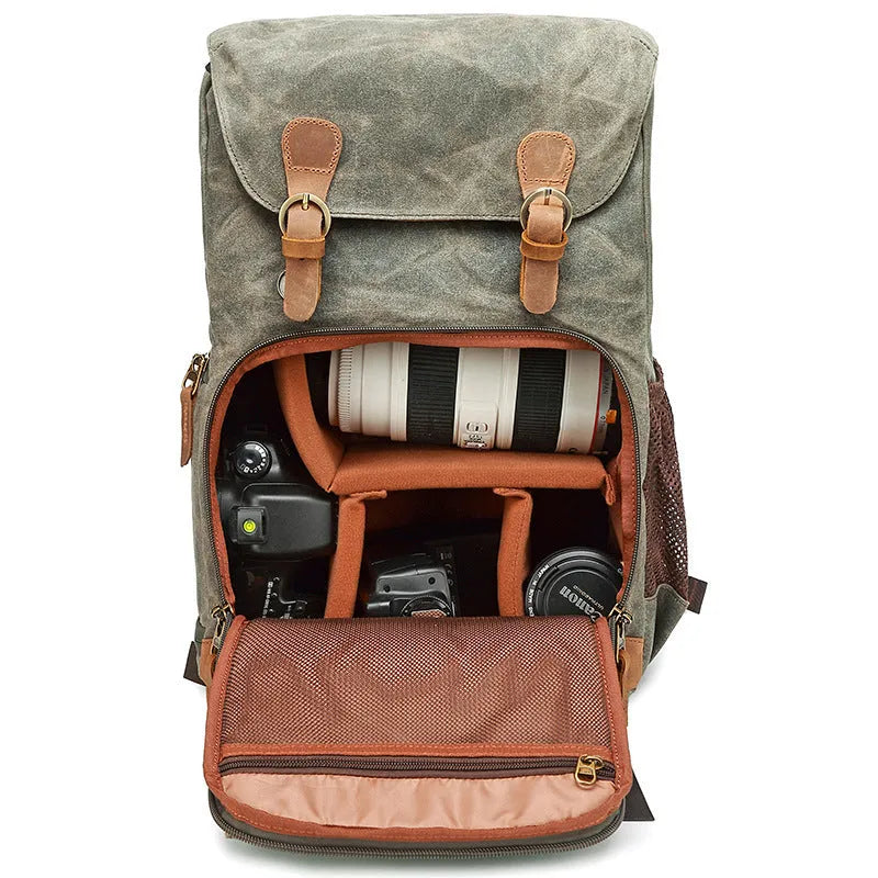 Canvas DSLR camera backpack in khaki colour with backpack straps and storage compartments