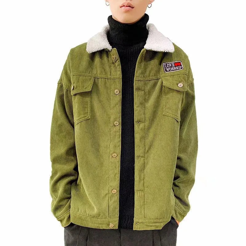 Men's loose fit corduroy workwear jacket in khaki colour with regular sleeves and solid pattern