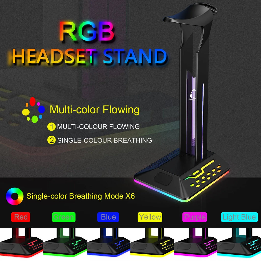 RGB colour changing headphone display stand with dual USB ports on a desk