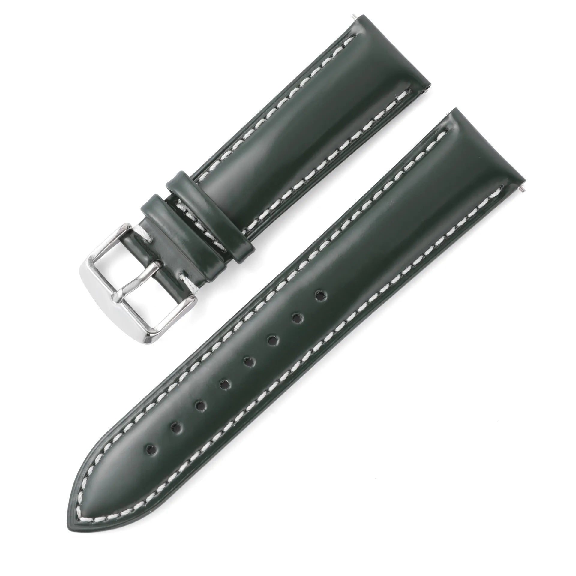 Quick release leather watch strap in bright cowhide, shown in various colours and widths on a watch