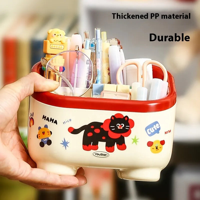 Cartoon style desktop storage set with plastic boxes, pen holder, and trash can in red or brown colours